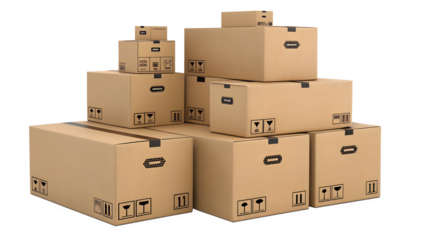 Stack of cardboard boxes isolated on transparent background. Brown shipping packages for delivery, storage, or moving.