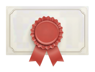 Training course badge designed as a small certificate card with ribbon seal and name space, isolated on transparent background.
