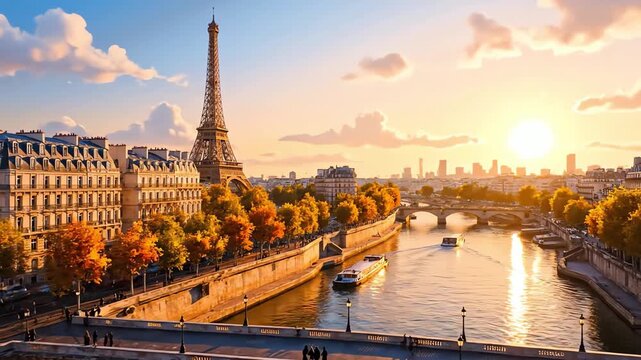 Anime Aerial Rooftop View of Paris Golden Hour Seine River - AI Generated