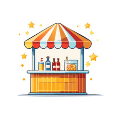 Cartoon illustration of a colorful food stand with beverages, snacks, and star decorations.