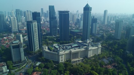 Fototapeta premium A city with tall buildings and trees. Aerial view of the parliament building in indonesian aerial view realistic dpr/mpr video. A field of skyscrapers with a 4k resolution of lifestyle the city.