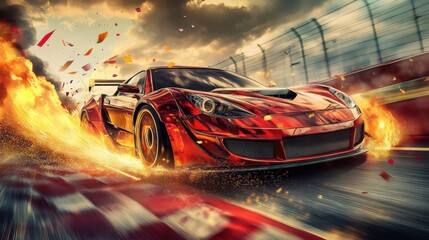 Red race car driving through debris
