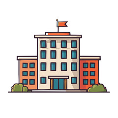 Fototapeta premium Illustration of a multistory school building with flag and garden bushes