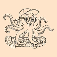 Vector art of cool octopus on skateboard with hat and sunglasses, a trendy and fun illustration showcasing a unique character enjoying skateboarding with style and flair