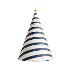 Striped paper party cone hat with small pom at the tip, festive and simple, isolated on transparent background.
