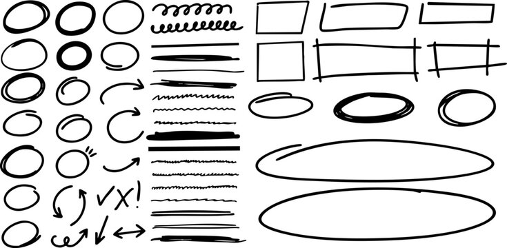 Hand-drawn sketch elements including circles, arrows, lines, and frames. Ideal for highlighting text or annotations in presentations and design projects