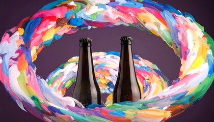 Colorful abstract swirl with two dark bottles