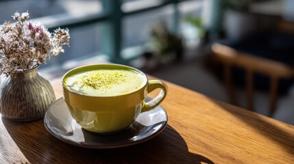 A vibrant cup of matcha latte sits on a wooden table, surrounded by delicate flowers, capturing a tranquil cafe moment.