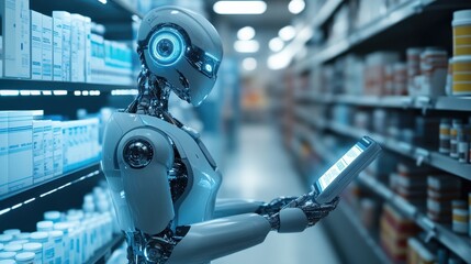 AI-powered robotic pharmacy assistant on blurred background