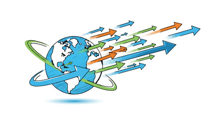 Global growth and expansion illustrated with dynamic arrows originating from a stylized earth.