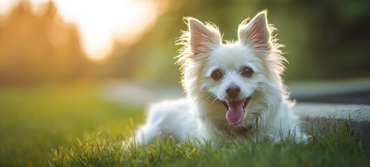 The adorable dog enjoying the warm sunlight in a lush green garden.