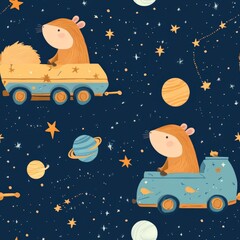 Two hamsters are driving a blue car through space. The scene is colorful and whimsical, with a sense of adventure and fun
