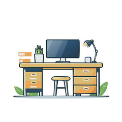 Desk with computer, lamp, stool, plant, and books