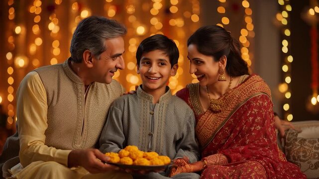 happy indian family celebrating diwali festival together.