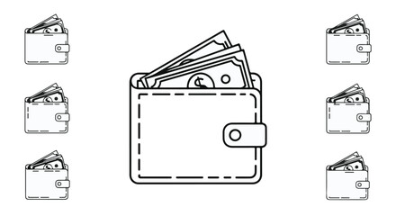 Open wallet overflowing with cash, surrounded by empty wallets, representing financial disparity.