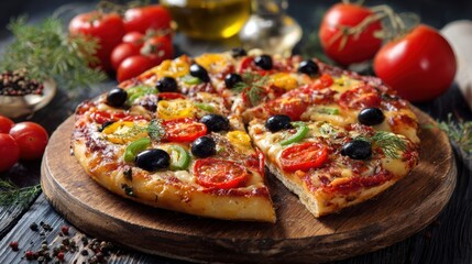 Delicious homemade pizza topped with fresh vegetables, olives, and cheese on a wooden board with ingredients nearby.