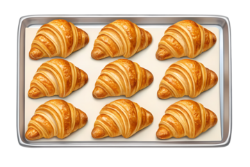 Nine delicious croissants neatly arranged on a baking tray isolated on white isolated on transparent background