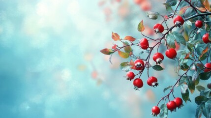 Rosehip branch illuminated by a bokeh-filled, soft, dreamlike, turquoise light