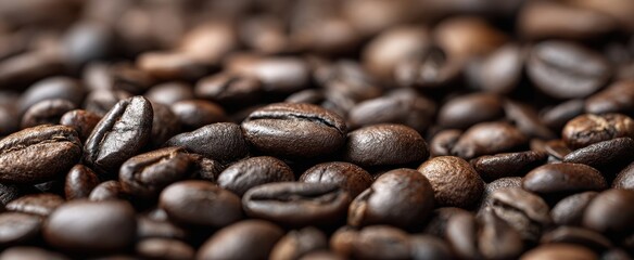 The closeup view of aromatic roasted coffee beans on a wooden surface.