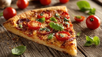 Delicious slice of pizza on a rustic wooden table, topped with tomatoes and fresh basil, perfect for food lovers.
