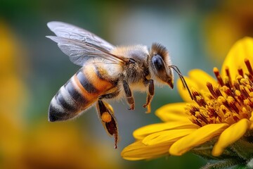 Fototapeta premium Honeybee in Flight Approaching Yellow Flower