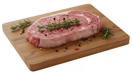 Fototapeta premium Raw beef steak on wooden cutting board, sprinkled with rosemary and black pepper, transparent background