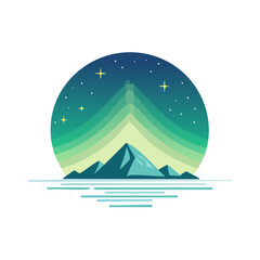 Fototapeta premium Scenic Mountains and Stars in Round Gradient Frame with Horizontal Water Lines, Vector Illustration