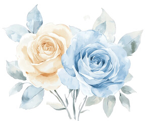 Watercolor beige and blue roses isolated on transparent background