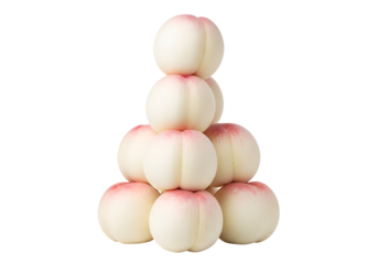 A visually appealing arrangement of white peaches, stacked in a triangular pattern against a black background, showcasing their smooth, rounded forms and delicate pink blush.