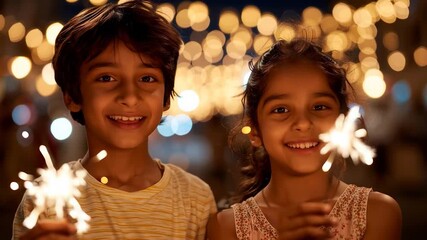 happy indian brother and sister celebrating diwali festival together at home - Powered by Adobe