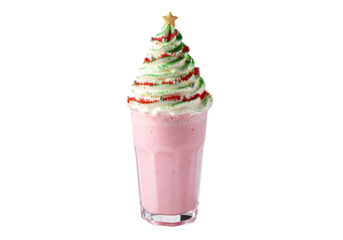 Festive pink milkshake topped with a whimsical Christmas tree design of whipped cream, sprinkles, and a star.