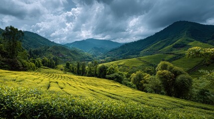 Obraz premium Lush green hills under a dramatic sky, showcasing the beauty of nature and the serenity of rural landscapes.