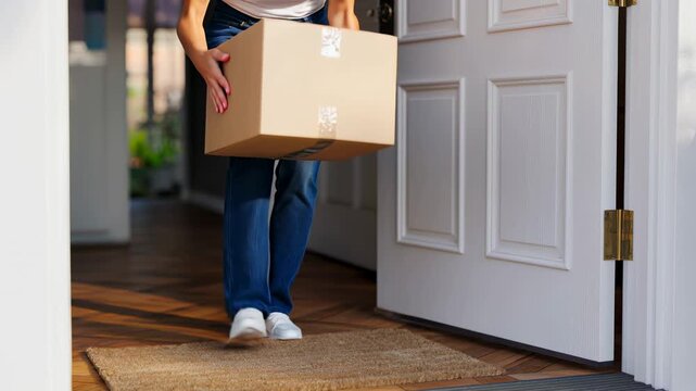 Woman picking up a cardboard package delivered at front door of house on doormat in a concept of home delivery and shipping.