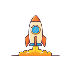 Cartoon Rocket Ship Launching with Flames Illustration for Space Exploration Theme