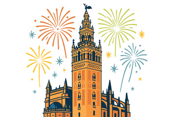 Fototapeta premium La Giralda de la Catedral de Sevilla iluminada con fuegos artificiales marca el final de la Feria de Abril