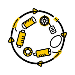Minimilist circular diagram featuring yellow objects including spools wheel and an oval shape on white background vector