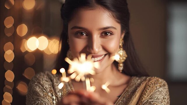 young indian woman celebrating diwali festival at home holding fire crakers