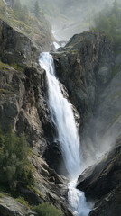 Fototapeta premium Majestic powerful waterfall cascades down rocky mountain cliff. serene flowing water creates misty outdoor scene