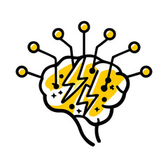 Minimilist stylized brain illustration with lightning bolts and connections on a white background design element vector
