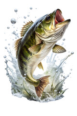 Largemouth Bass Jumping Out of Water with Splashes Isolated on Transparent Background