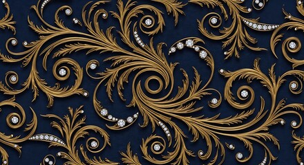 Ornate Gold Leaf Pattern with Jewels on Navy Blue Background.