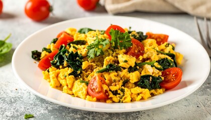 Scrambled eggs with spinach and tomatoes