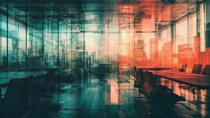 Modern conference room overlooking city skyline with glitch effect - Powered by Adobe