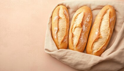 Artisan Rustic Breads Displayed on a Wooden Table, Wrapped in Soft Beige Cloth for a Cozy Still Life