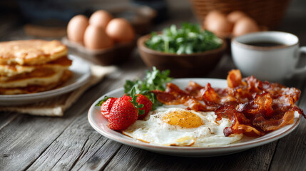 Delicious traditional american breakfast with fried egg, bacon, and coffee. hearty, appetizing meal on rustic wooden table