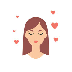Serene woman with closed eyes surrounded by floating hearts representing love and tranquility