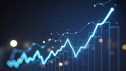 Glowing blue financial graph ascending with bokeh lights