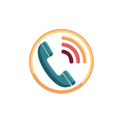 Vibrant flat design telephone call icon featuring a teal handset and radiating sound waves within a cheerful orange ring