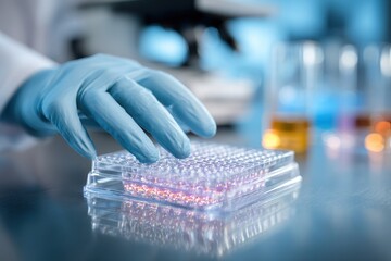 Bio Pharma Laboratory Research: Doctor Conducting Elisa Analysis on Panel Microplate