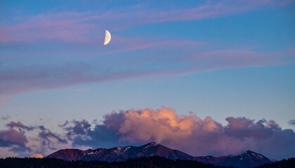 Pastel sky, crescent moon, mountains